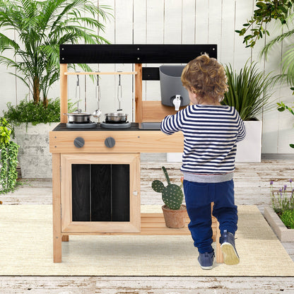 Mud Kitchen Playset Kids Play Kitchen Outdoor with 2 Removable Sinks-Natural