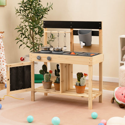 Mud Kitchen Playset Kids Play Kitchen Outdoor with 2 Removable Sinks-Natural