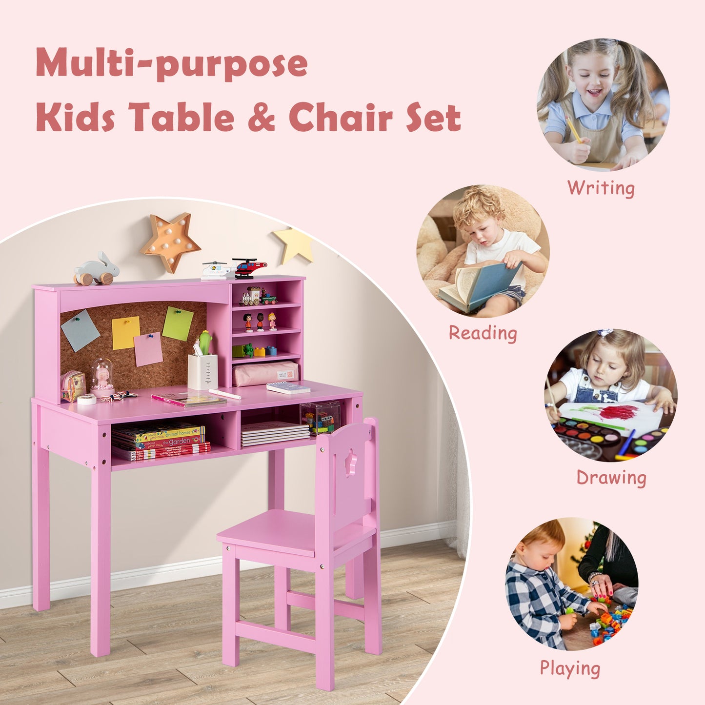Kids Desk and Chair Set with Hutch and Bulletin Board
