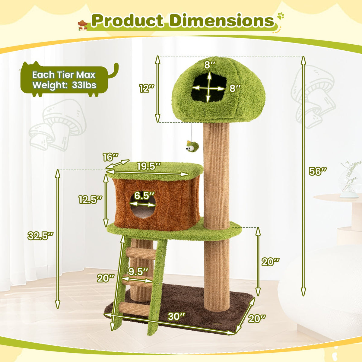 Cute Cat Tree for Indoor Cats with Mushroom-shaped Nest Condo and Climbing Ladder-Green