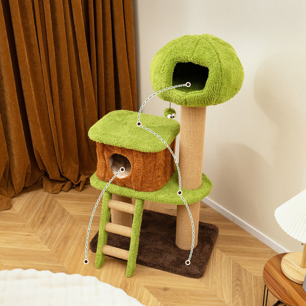 Cute Cat Tree for Indoor Cats with Mushroom-shaped Nest Condo and Climbing Ladder-Green