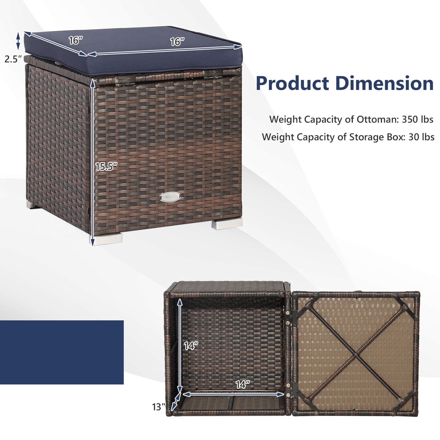 Patio Ottoman Set with Removable Cushions & Storage (2-Piece)