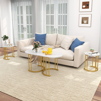 Nesting Coffee Table Set of 3 with Faux Marble Tabletop and Powder-coated Gold Metal Frame-White