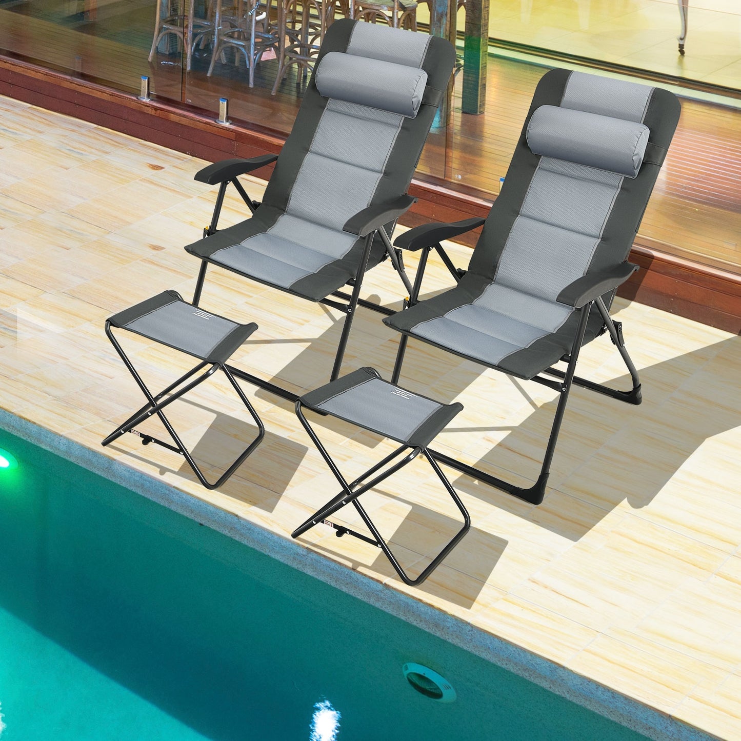 Folding Reclining Chair with Ottoman Set of 2 - Gray