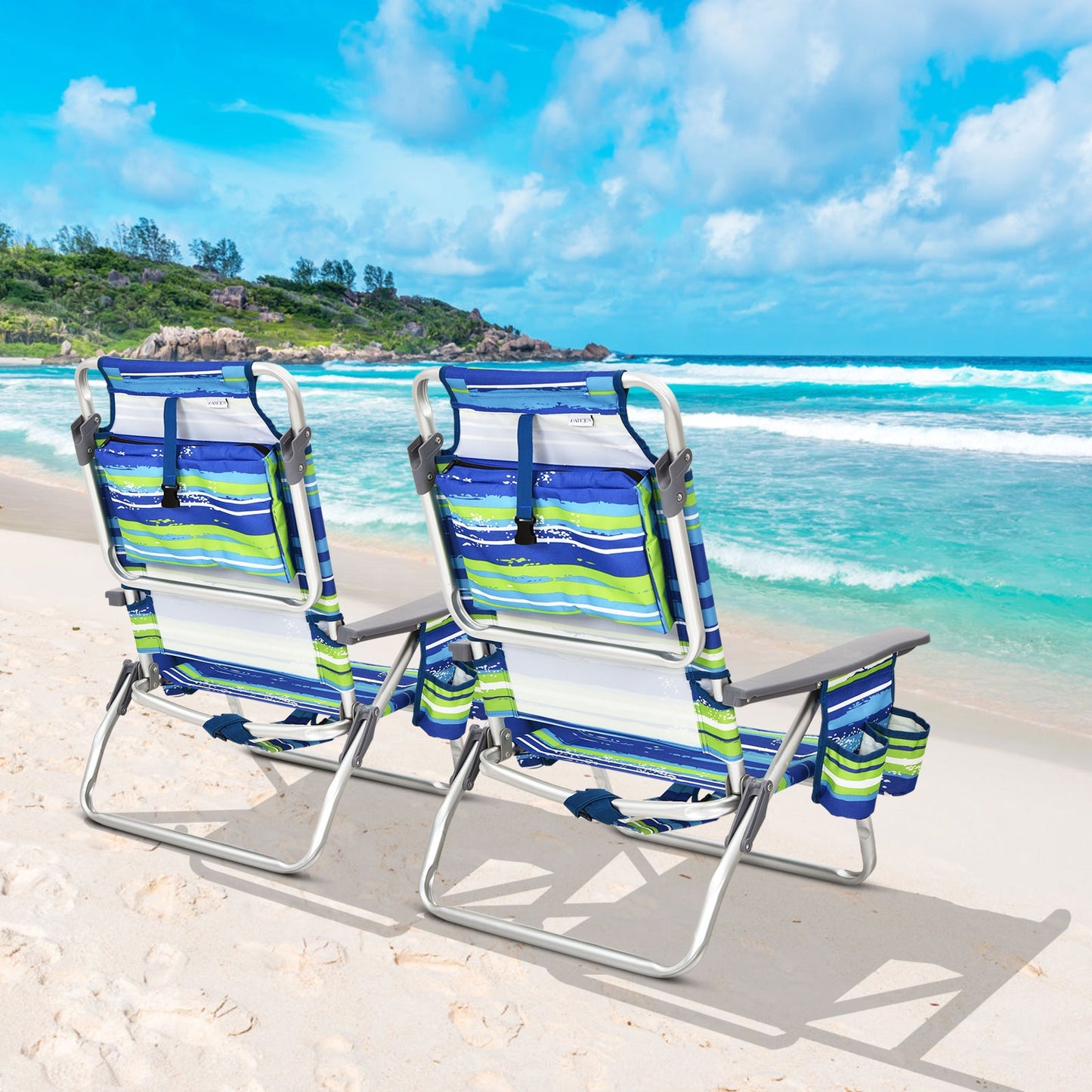 Folding Beach Chair 2-Pack with 5-Position Backrest & Pillow