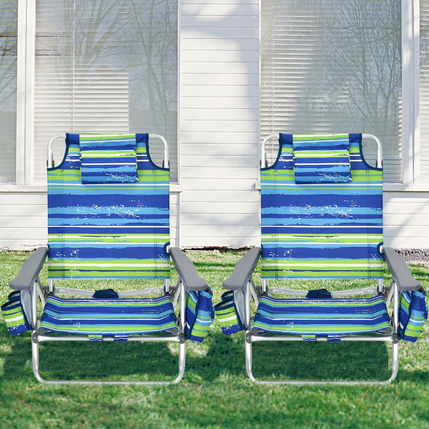 Folding Beach Chair 2-Pack with 5-Position Backrest & Pillow