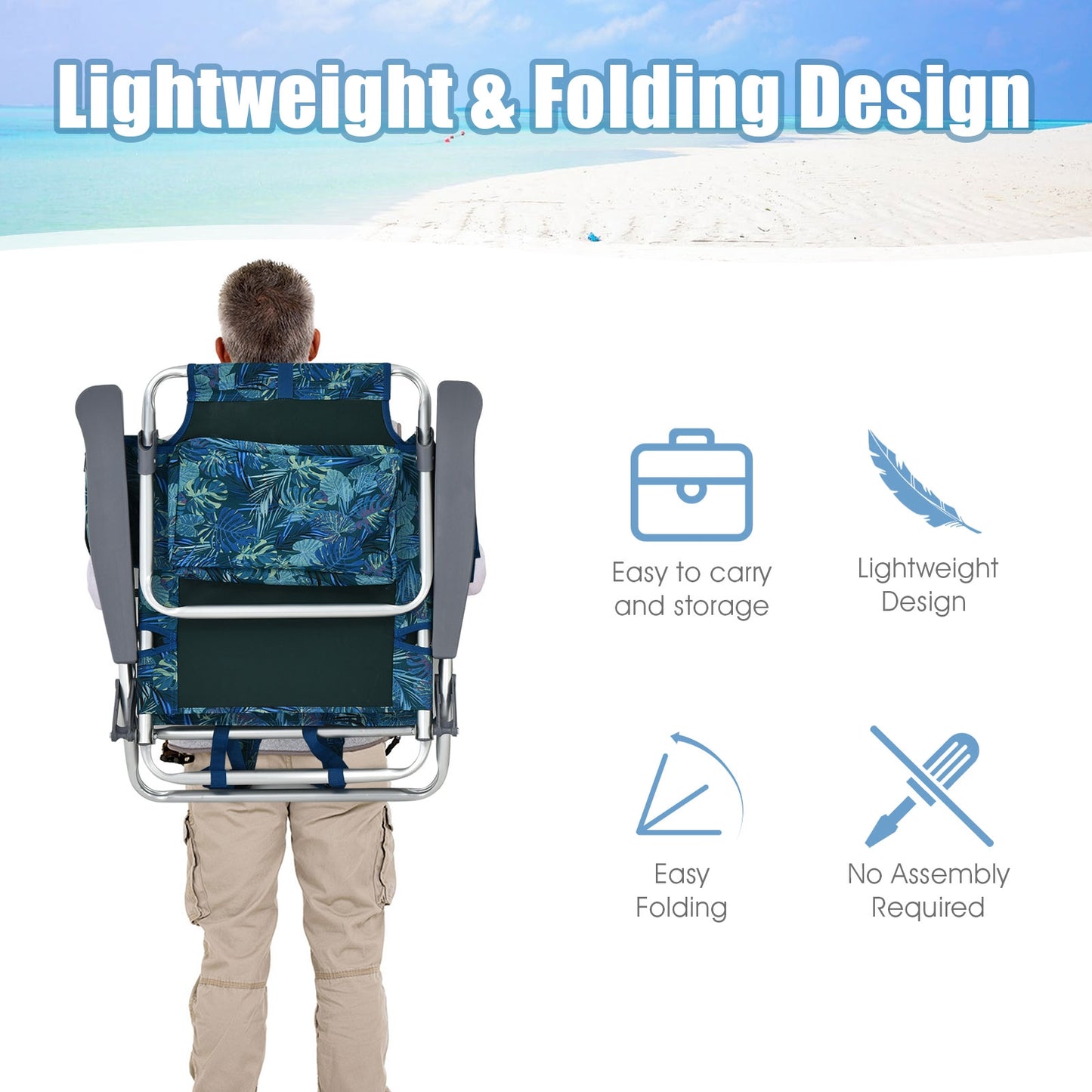 Folding Beach Chair 2-Pack with 5-Position Backrest & Pillow