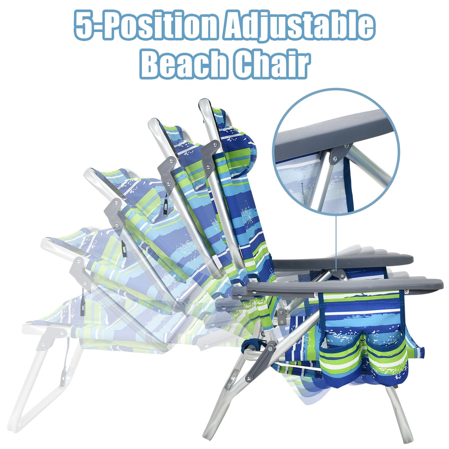 Folding Beach Chair 2-Pack with 5-Position Backrest & Pillow