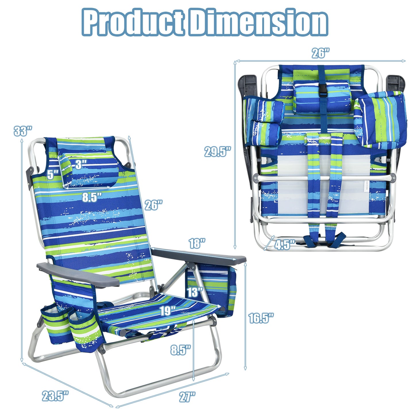 Folding Beach Chair 4-Pack with Adjustable Backrest & Pillow