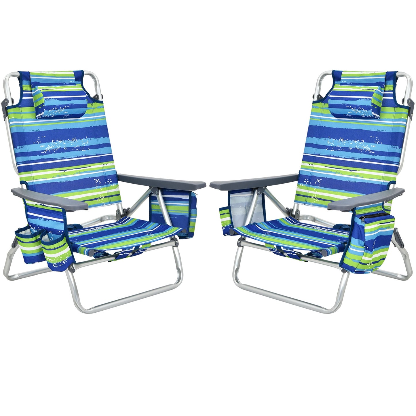Folding Beach Chair 2-Pack with 5-Position Backrest & Pillow