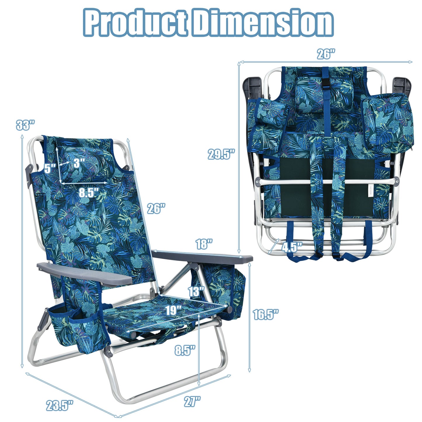 Folding Beach Chair 2-Pack with 5-Position Backrest & Pillow