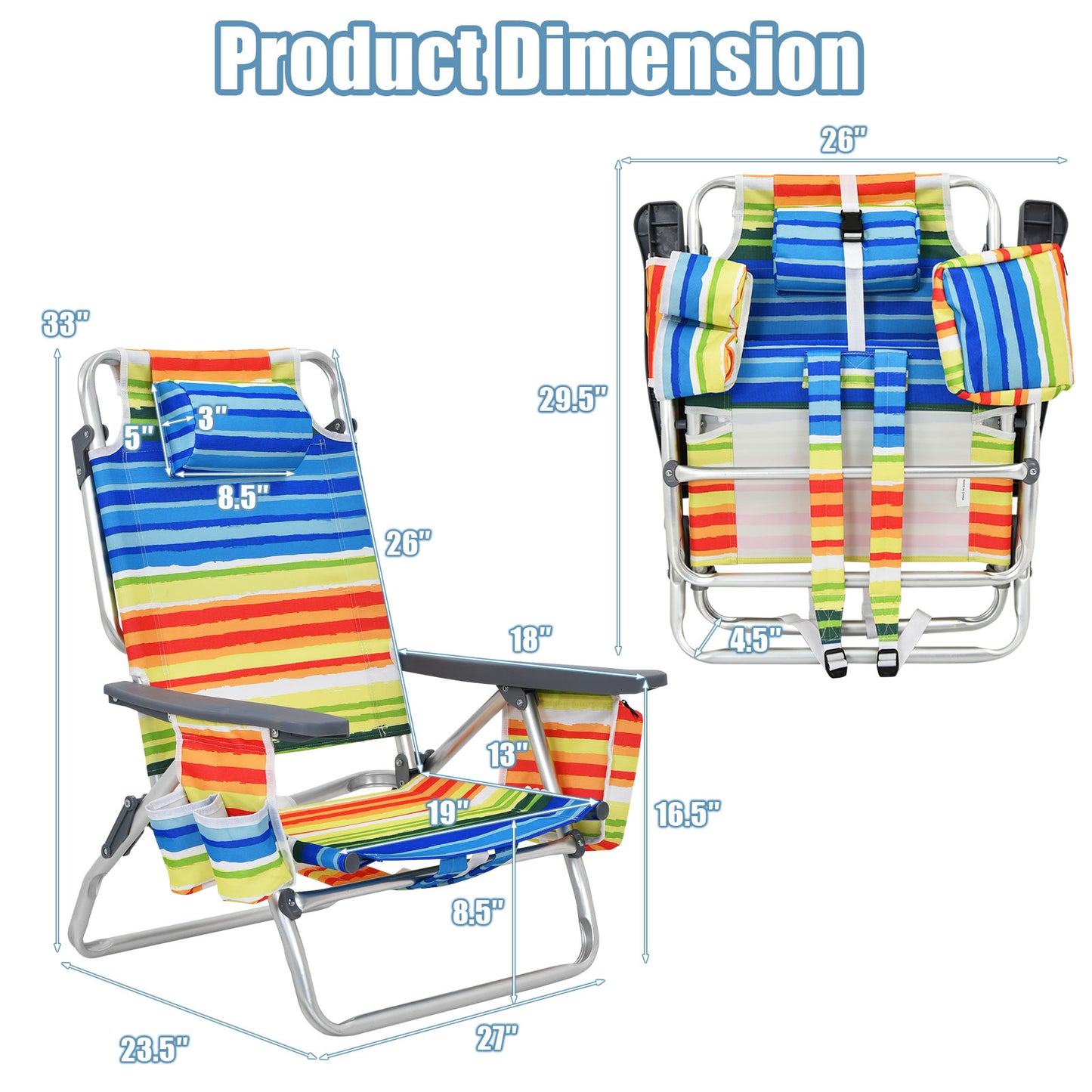 Folding Beach Chair 2-Pack with 5-Position Backrest & Pillow