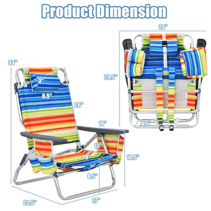 Folding Beach Chair 2-Pack with 5-Position Backrest & Pillow