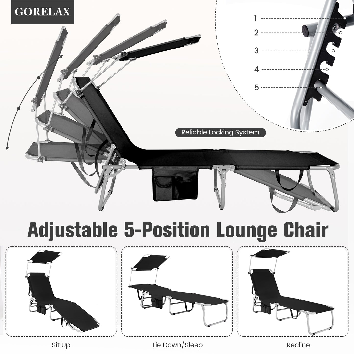 Adjustable Outdoor Chaise Lounge with Rotating Sun Shade