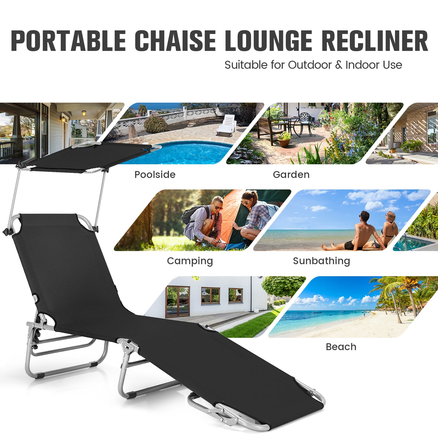 Adjustable Outdoor Chaise Lounge with Rotating Sun Shade