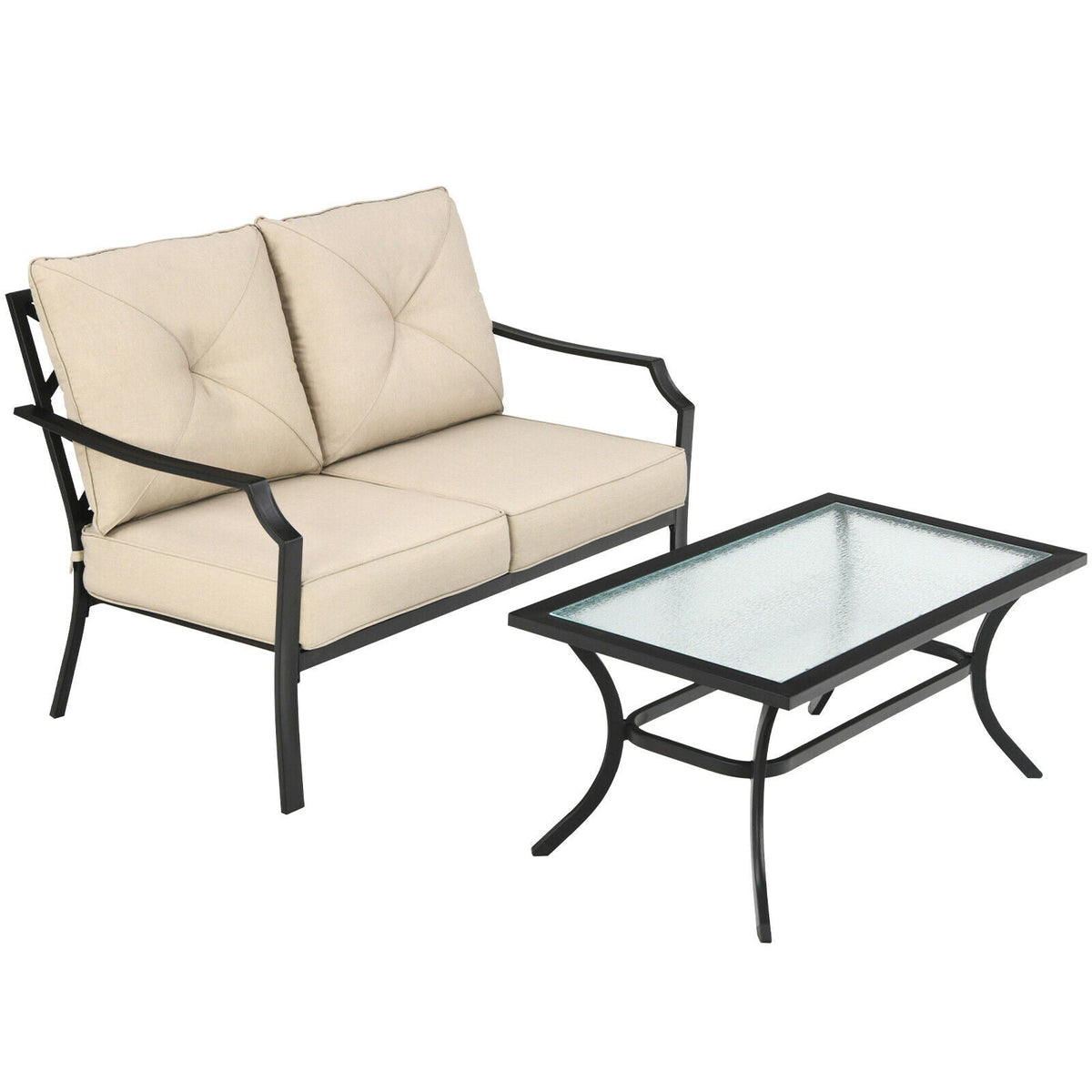 2 Pieces Patio Outdoor Cushioned Sofa Bench with Coffee Table-Beige