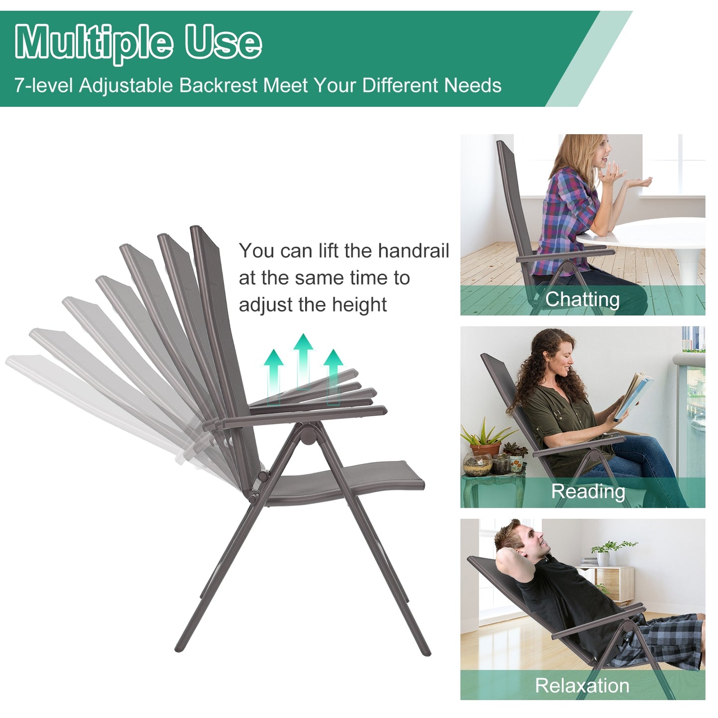 Folding Patio Dining Chairs Set of 2 with Adjustable Back
