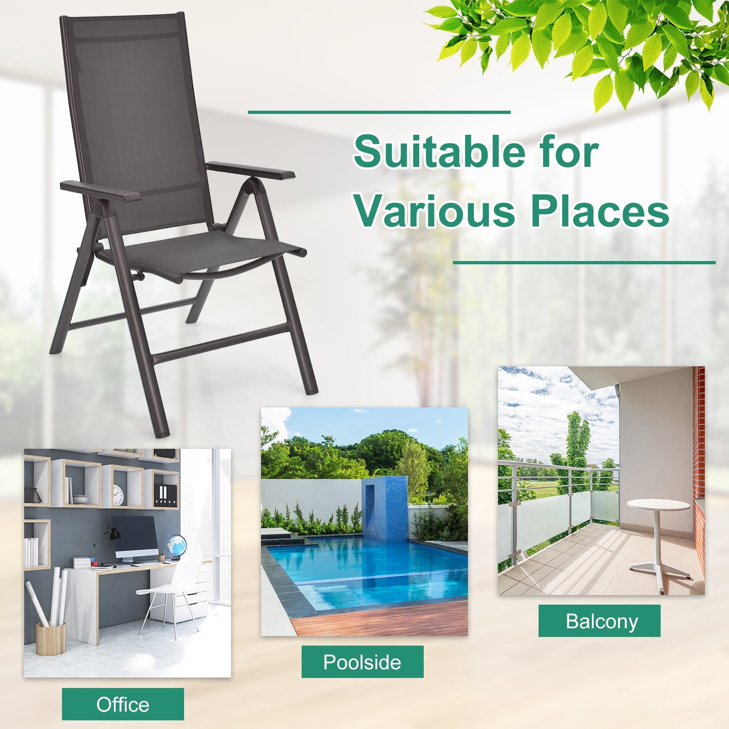 Folding Patio Dining Chairs Set of 2 with Adjustable Back