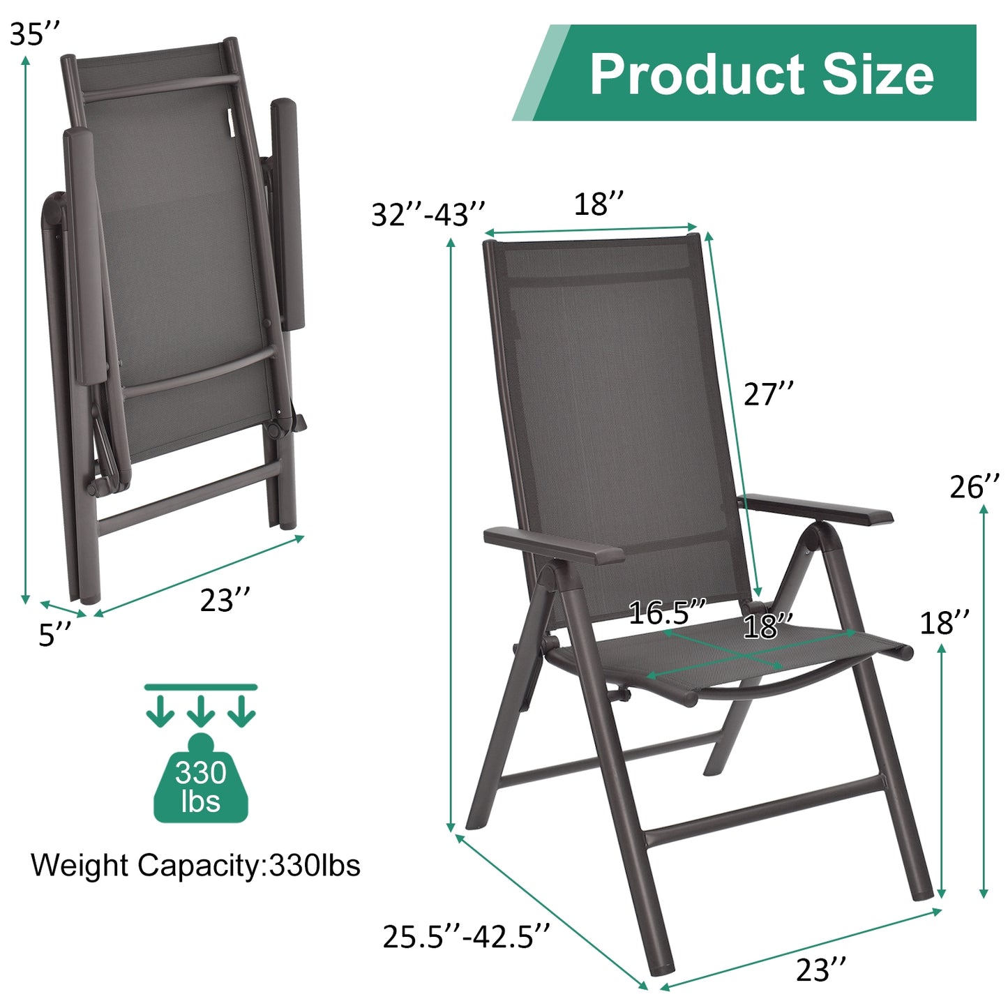 Folding Patio Dining Chairs Set of 2 with Adjustable Back