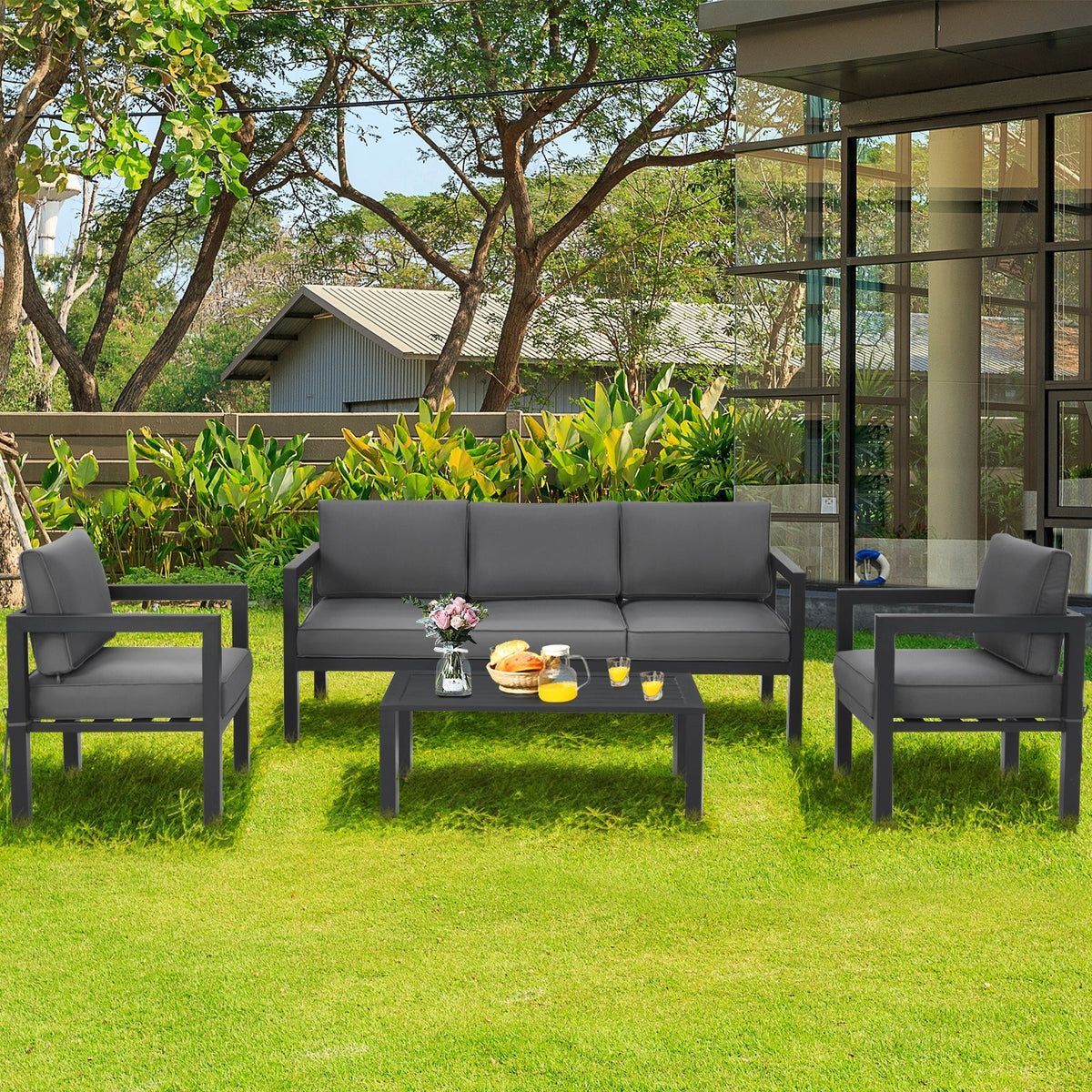 4 Pieces Outdoor Furniture Set for Backyard and Poolside-Gray