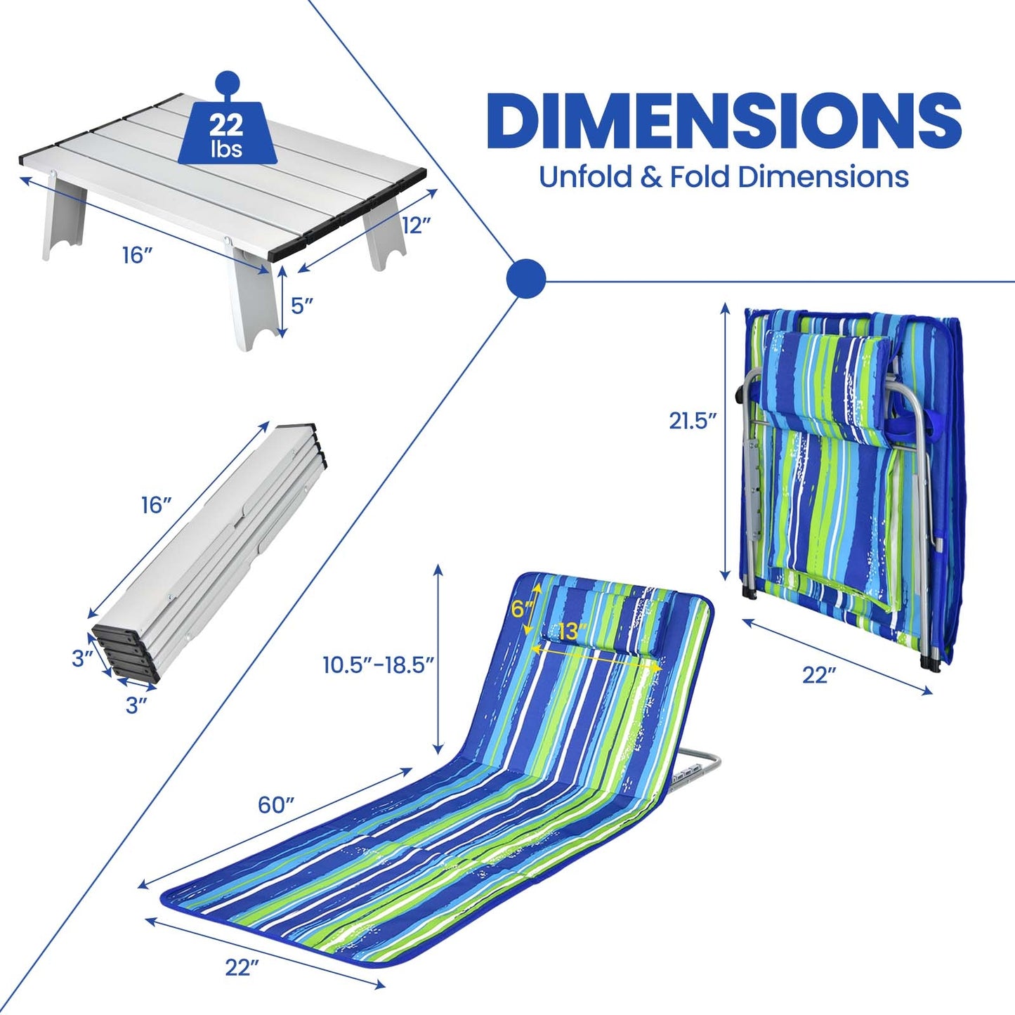 3-Piece Folding Beach Lounge Chair Set with Side Table