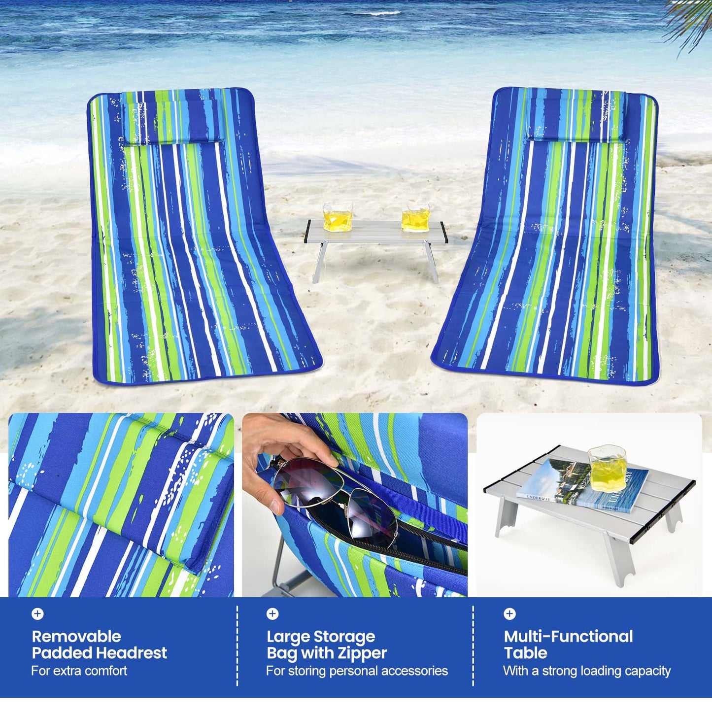3-Piece Folding Beach Lounge Chair Set with Side Table