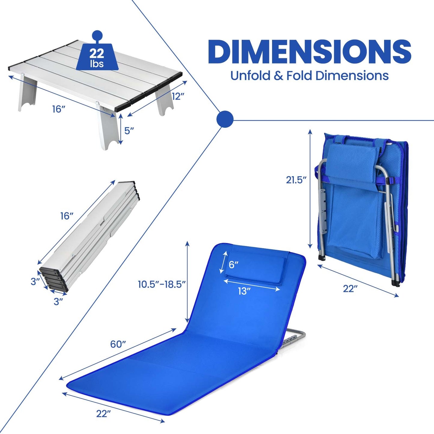 3-Piece Folding Beach Lounge Chair Set with Side Table