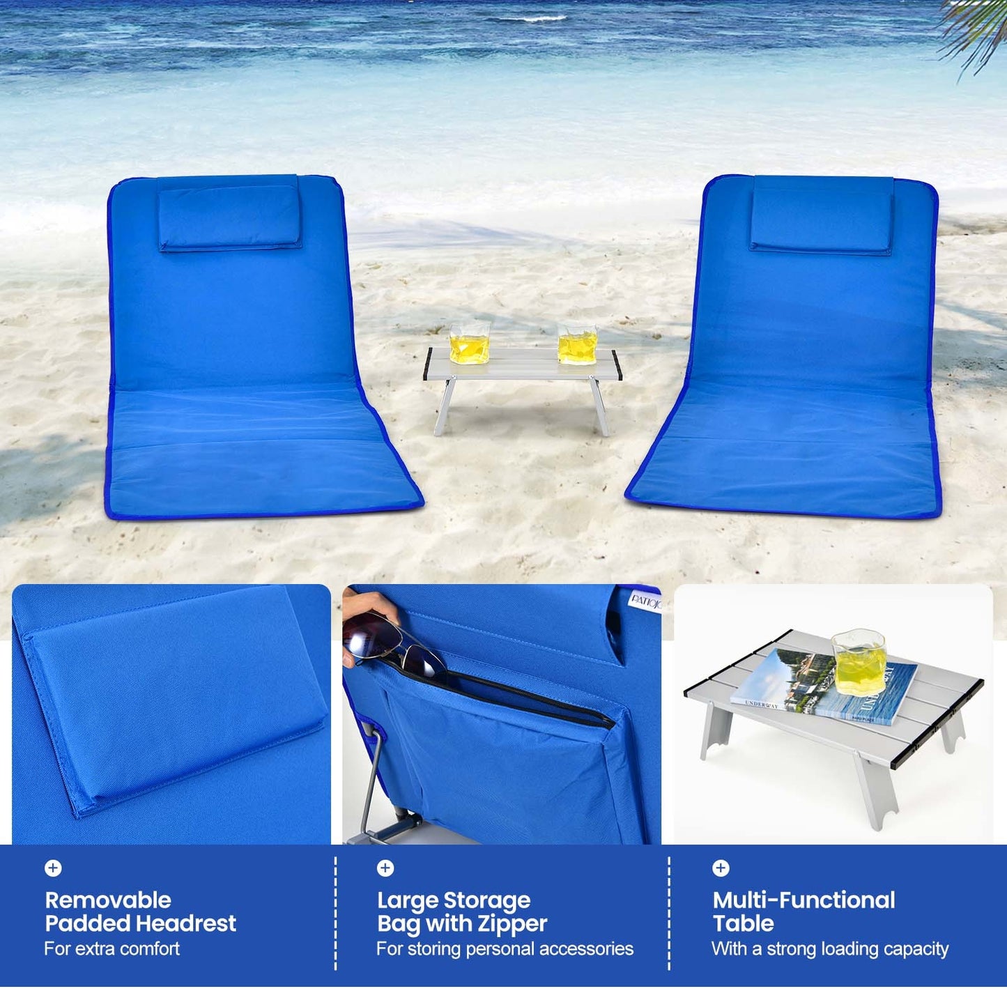 3-Piece Folding Beach Lounge Chair Set with Side Table