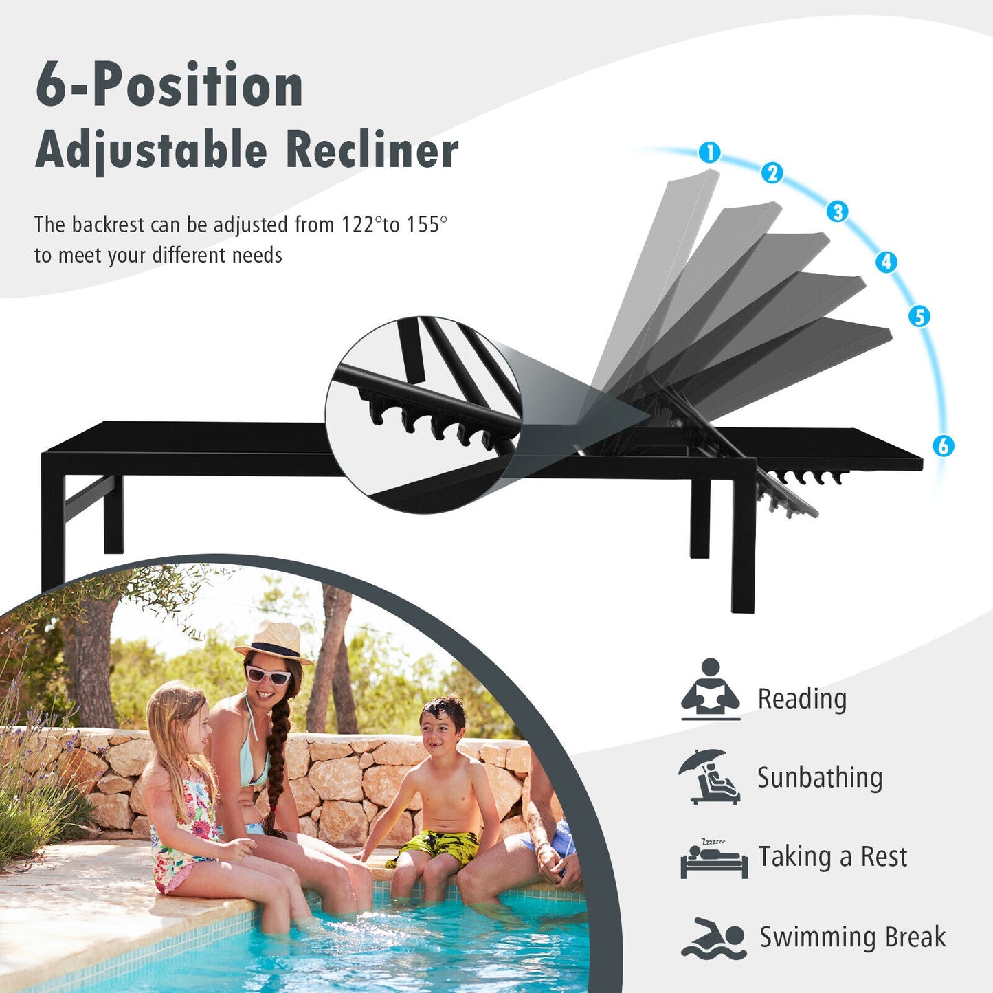 6-Position Adjustable Chaise Lounge Chair with Aluminum Frame