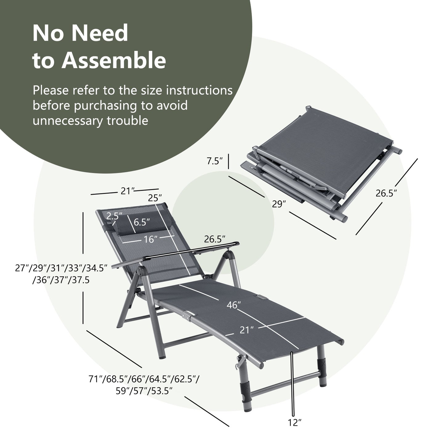 Aluminum Chaise Lounge Chair with 8-Position Adjustable Backrest