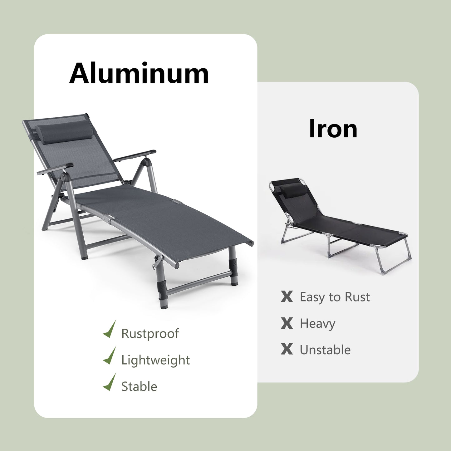 Aluminum Chaise Lounge Chair with 8-Position Adjustable Backrest