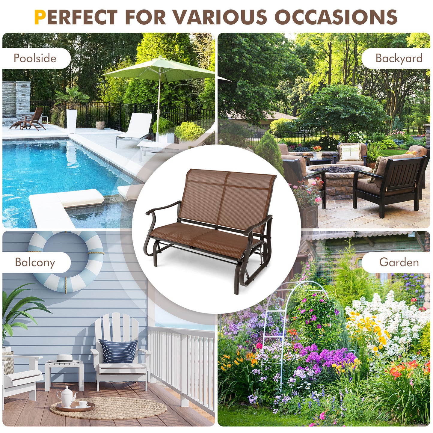 2-Person Patio Glider Bench with High Back - Brown