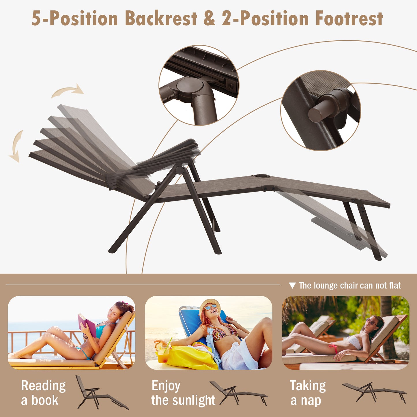 Foldable Patio Chaise Lounge Chair with Adjustable Backrest