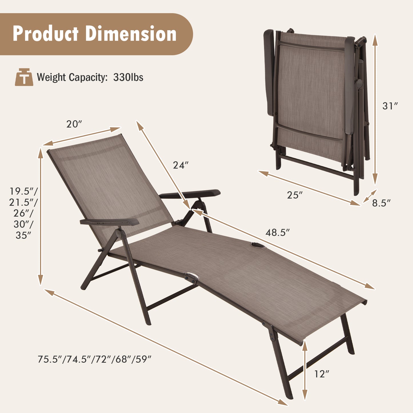 Foldable Patio Chaise Lounge Chair with Adjustable Backrest