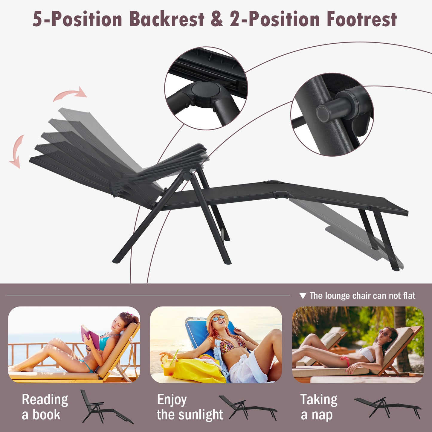 Foldable Patio Chaise Lounge Chair with Adjustable Backrest