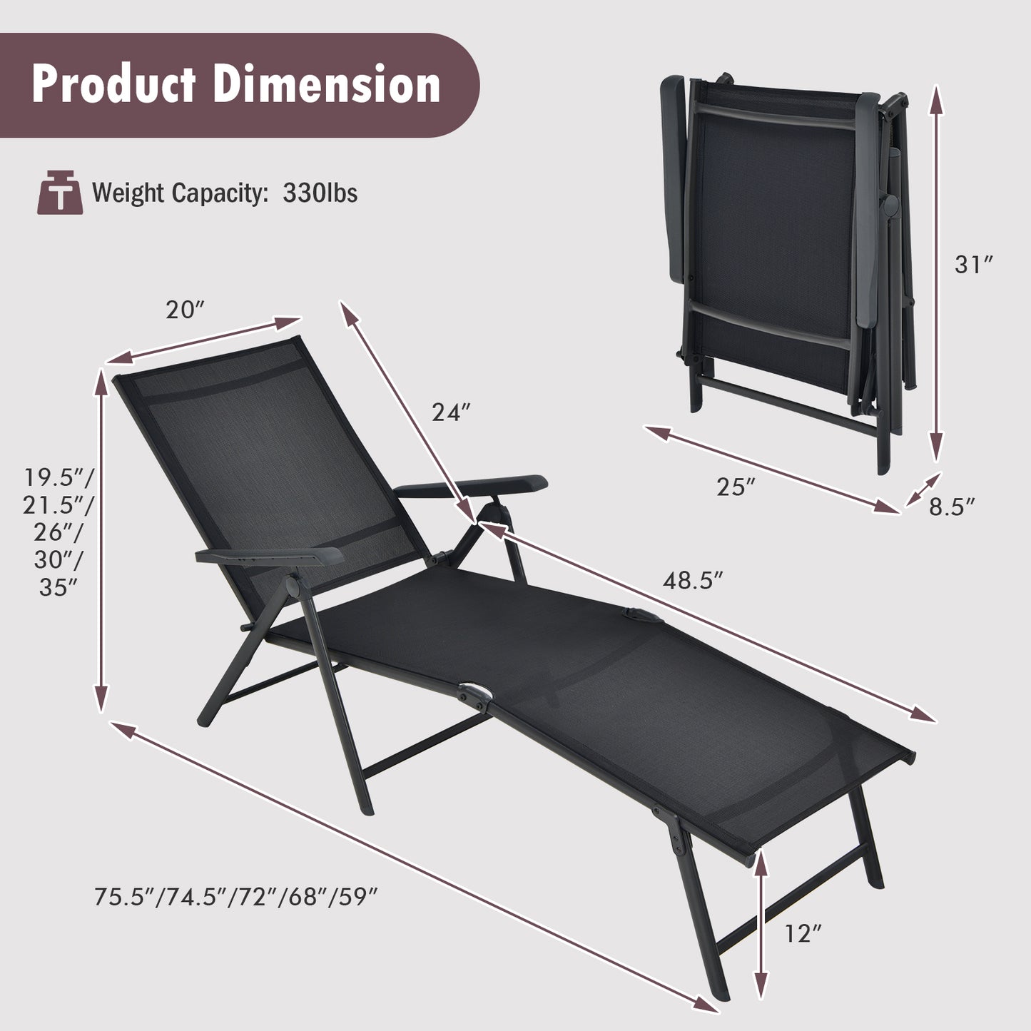 Foldable Patio Chaise Lounge Chair with Adjustable Backrest