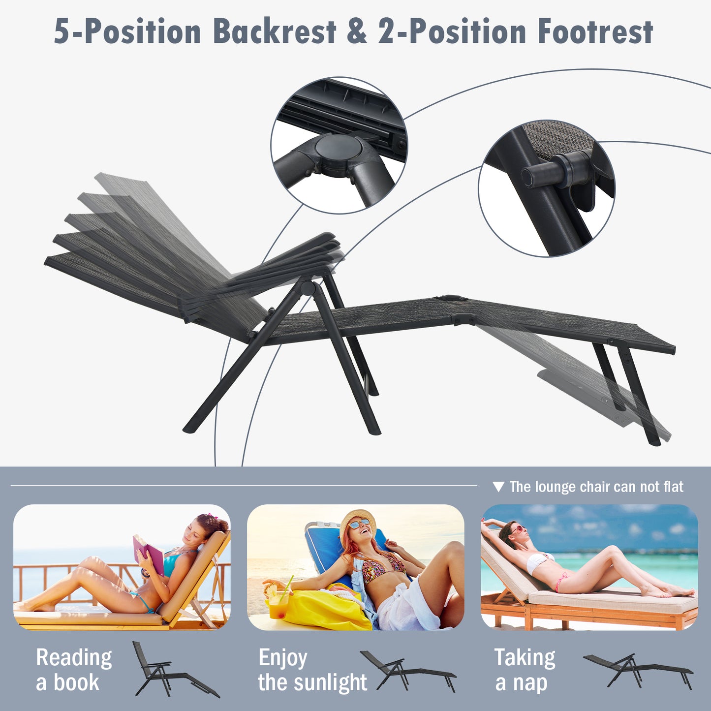 Foldable Patio Chaise Lounge Chair with Adjustable Backrest