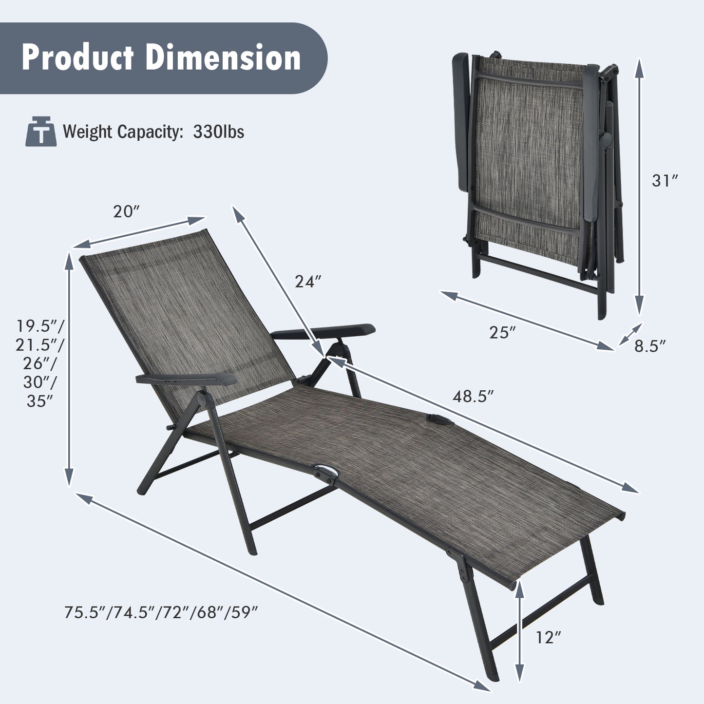Foldable Patio Chaise Lounge Chair with Adjustable Backrest