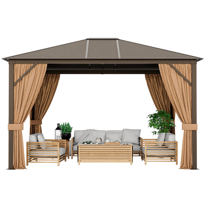 12 x10 Feet Outdoor Hardtop Gazebo with Galvanized Steel Top and Netting-Brown