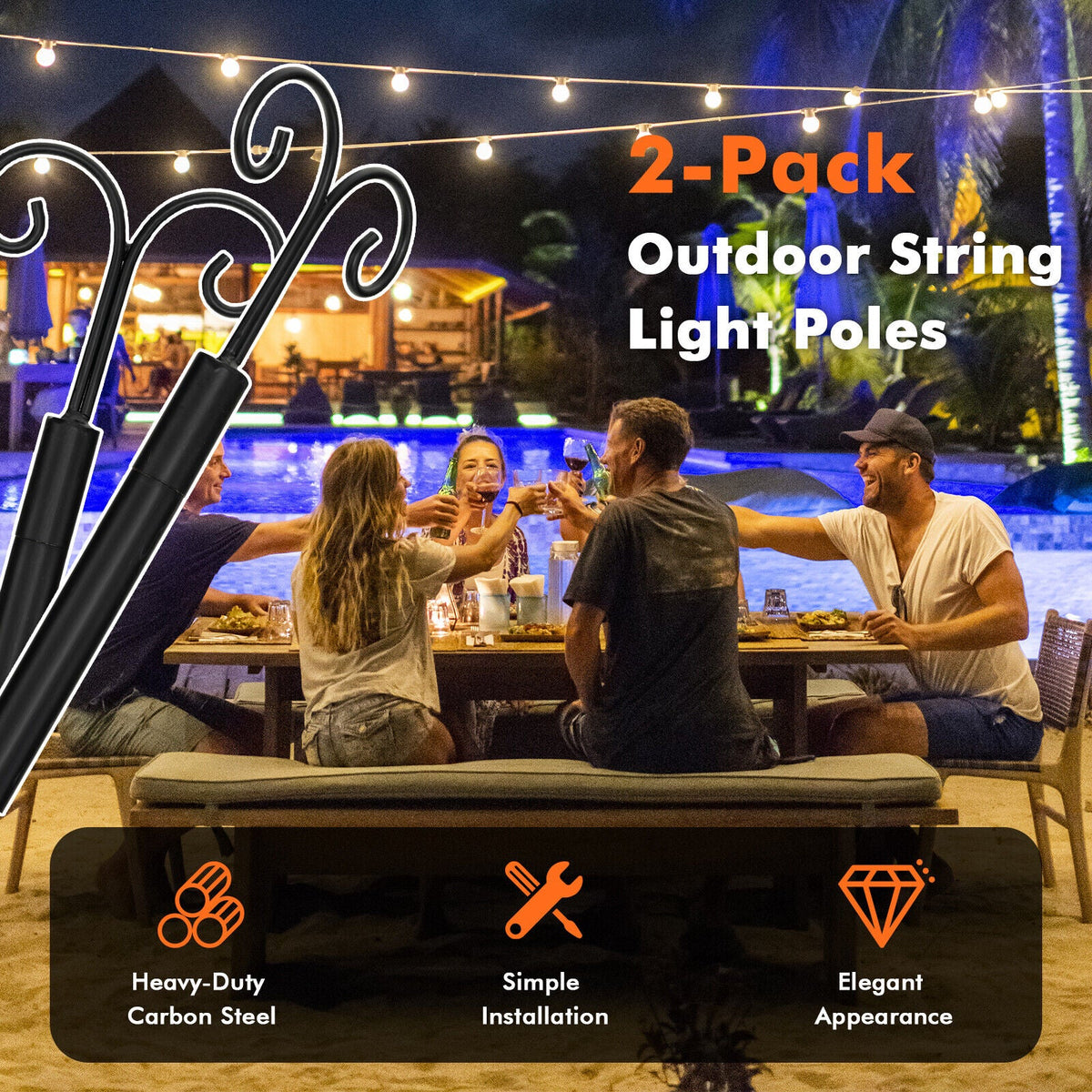 String Light Poles 2 Pack Outdoor Metal Poles with Top Arc Hook and 5-Prong Base