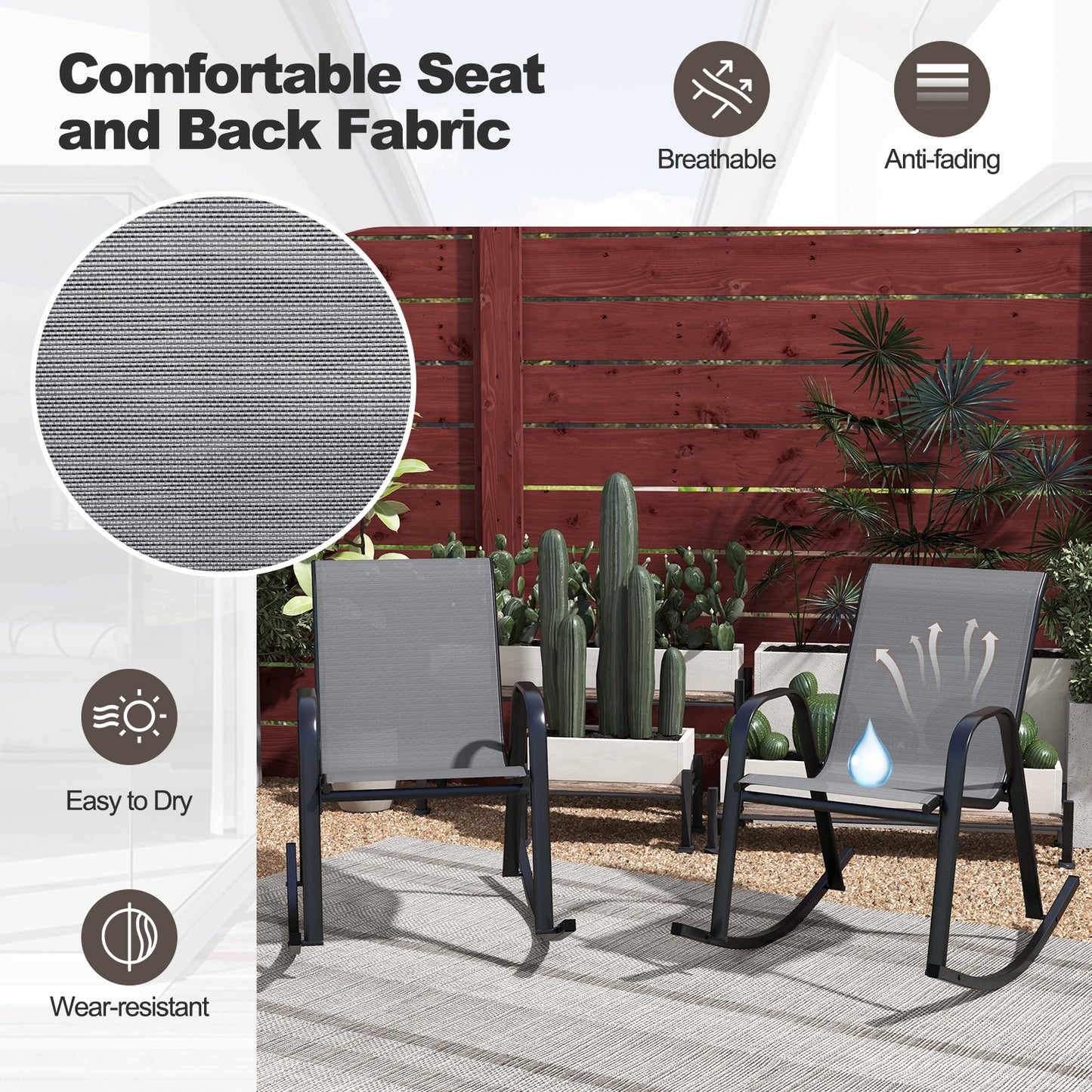 Metal Patio Rocking Chairs Set of 2 with Breathable Fabric