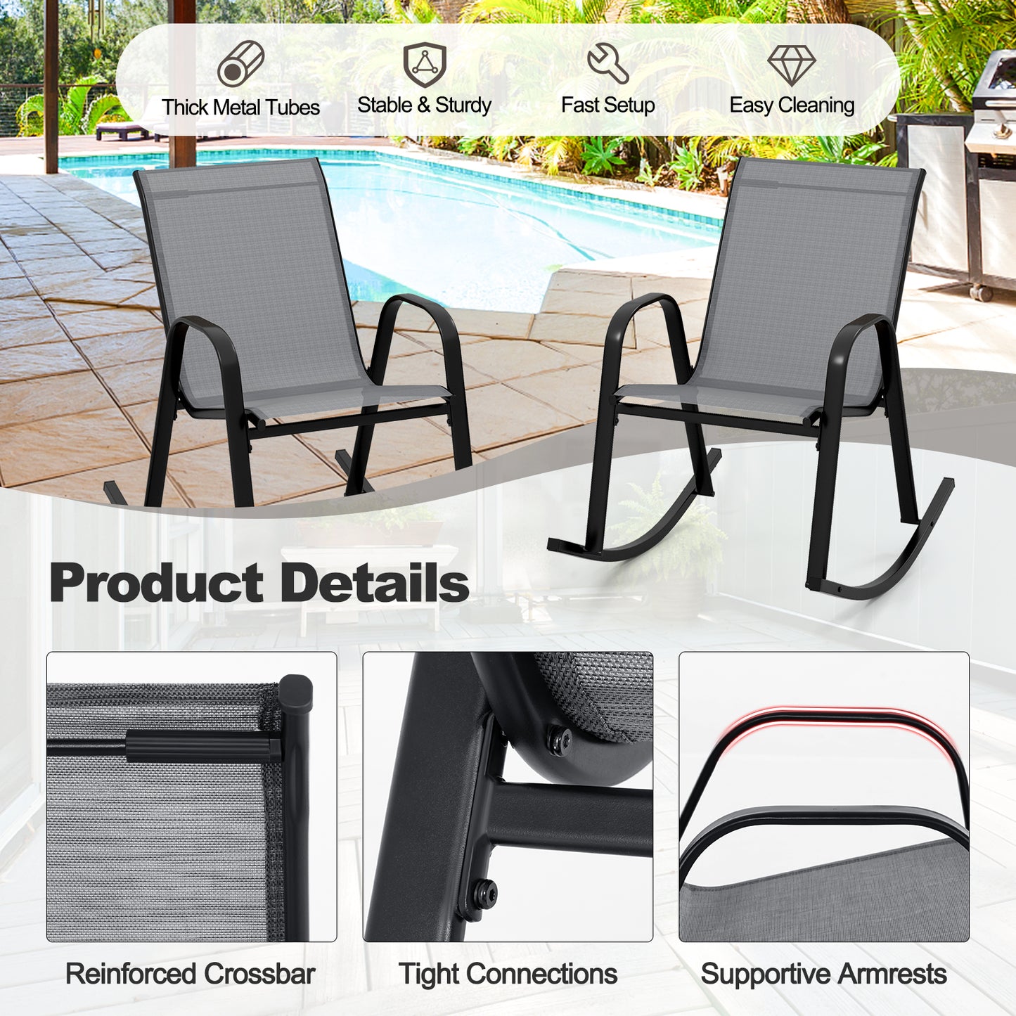 Metal Patio Rocking Chairs Set of 2 with Breathable Fabric