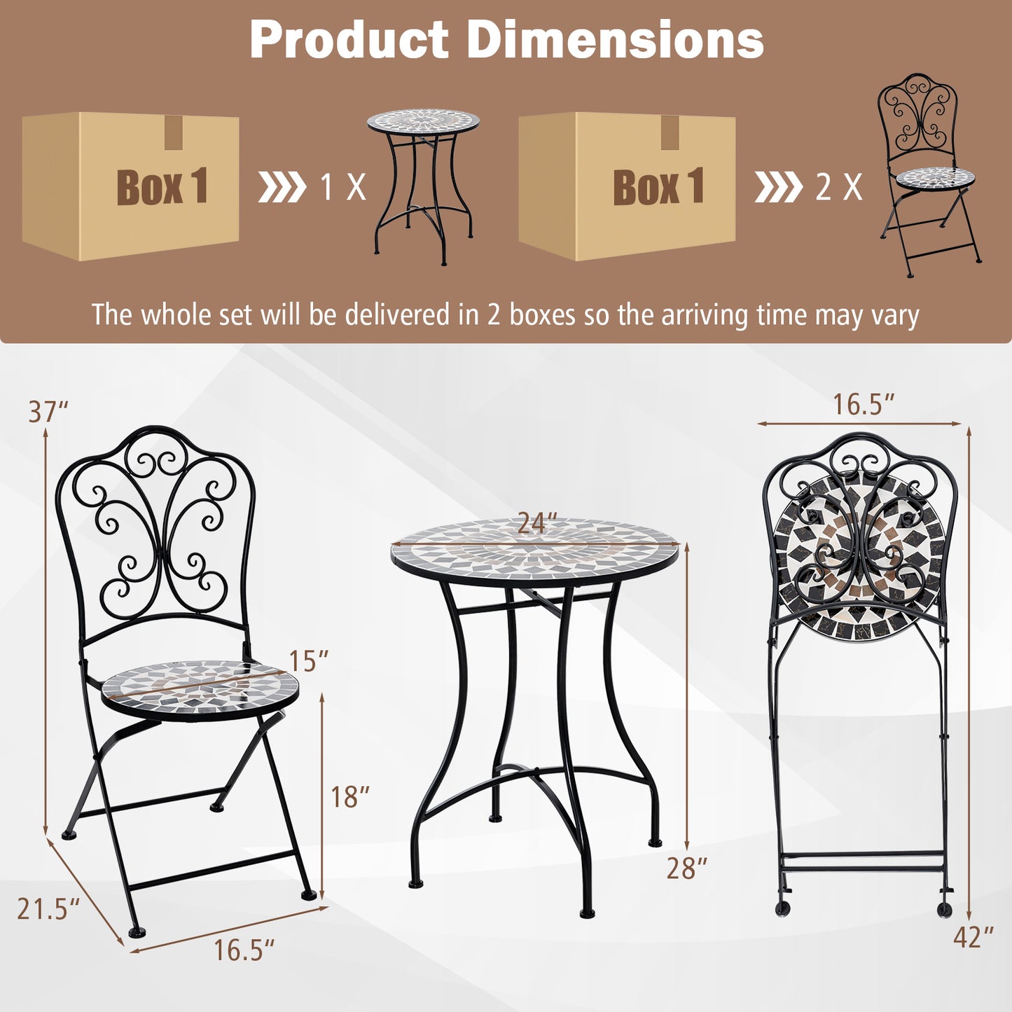 3-Piece Patio Bistro Set with Mosaic Table & Folding Chairs