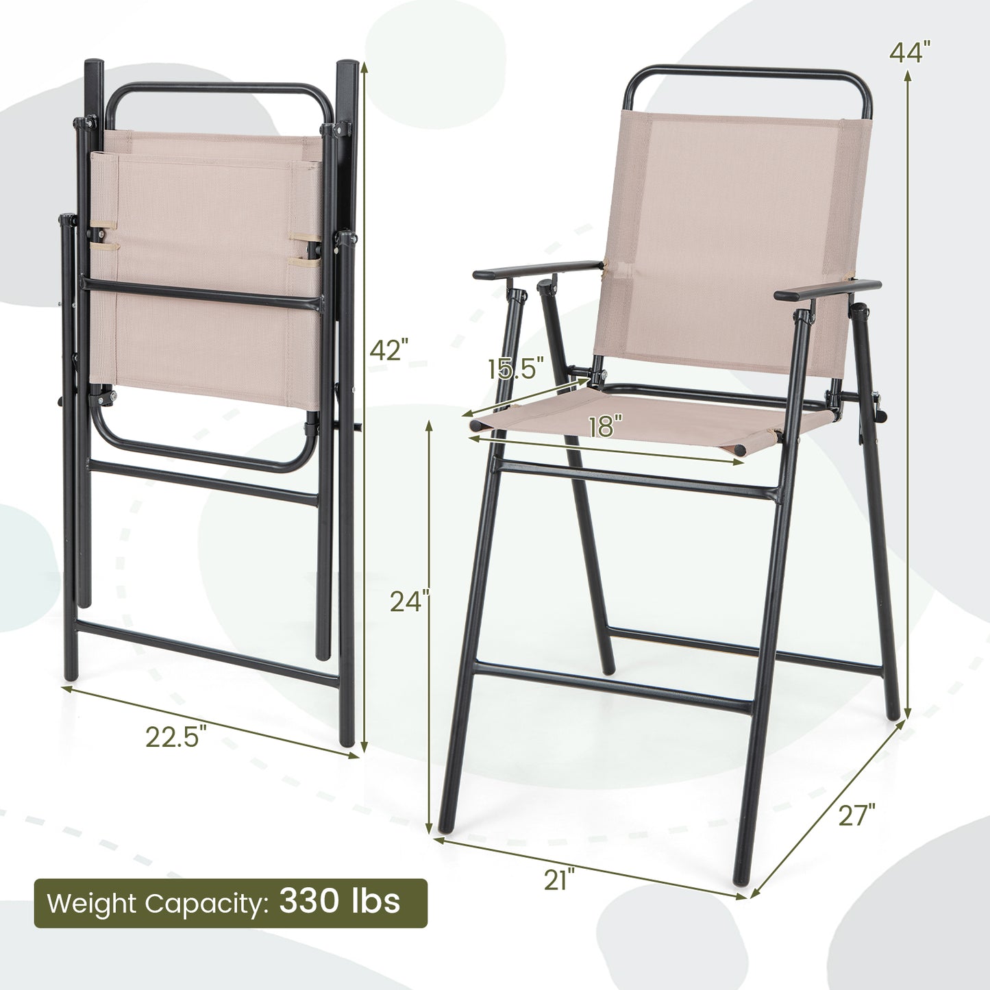 Folding Bar-Height Patio Chairs with Armrests, Set of 2