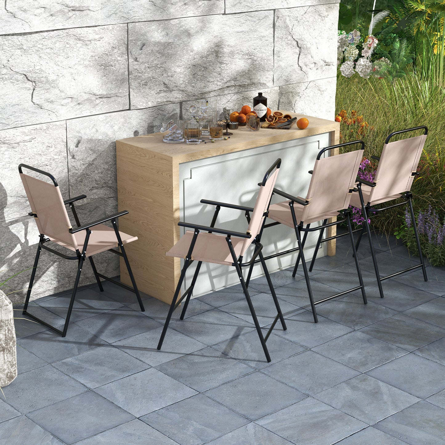 Folding Bar-Height Patio Chairs with Armrests, Set of 2