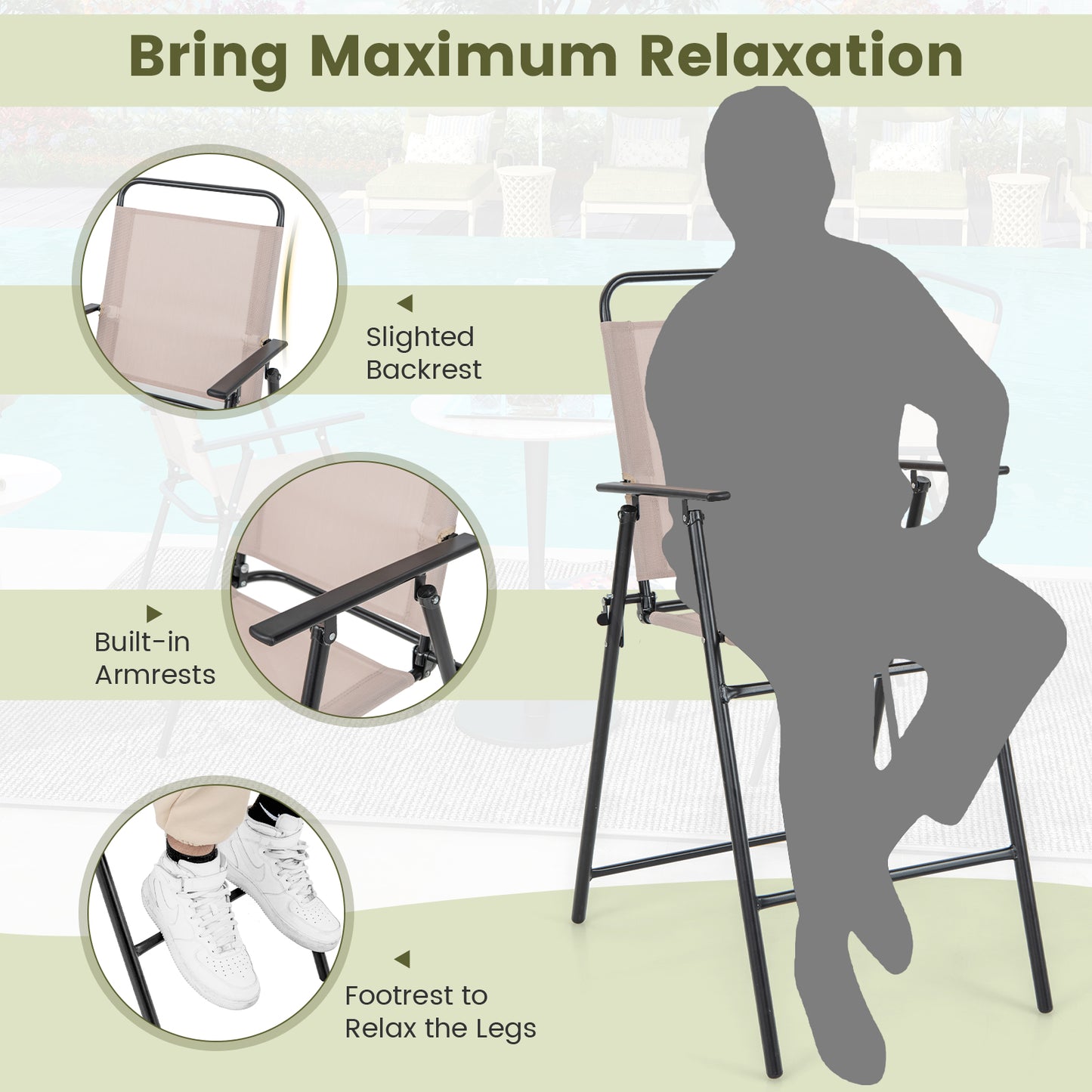 Folding Bar-Height Patio Chairs with Armrests, Set of 2