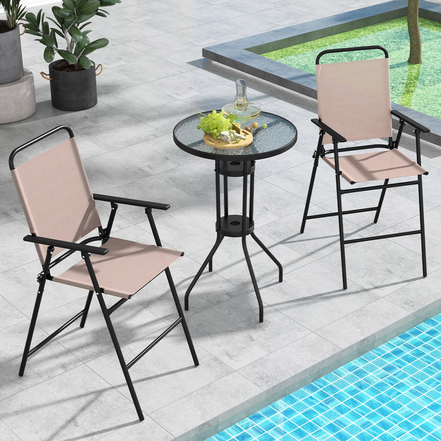 3-Piece Outdoor Bistro Set with Folding Chairs and Glass Table