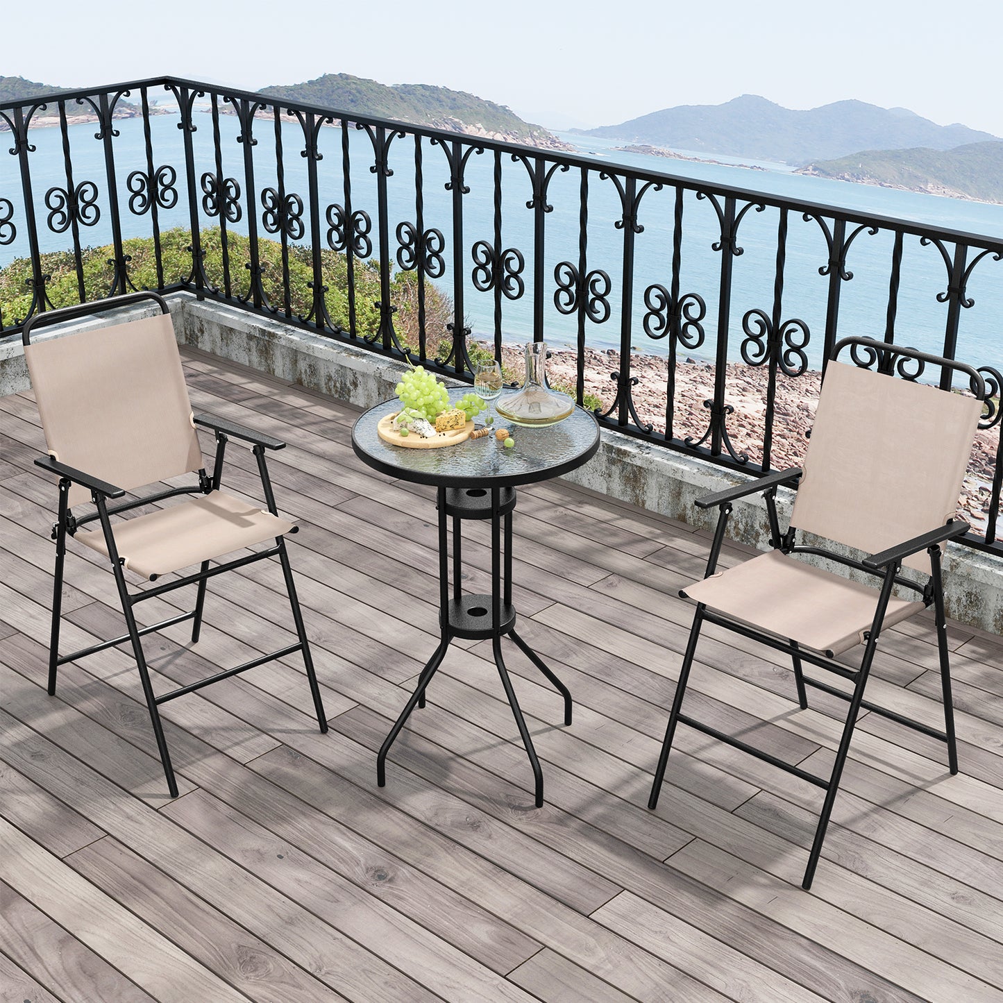 3-Piece Outdoor Bistro Set with Folding Chairs and Glass Table