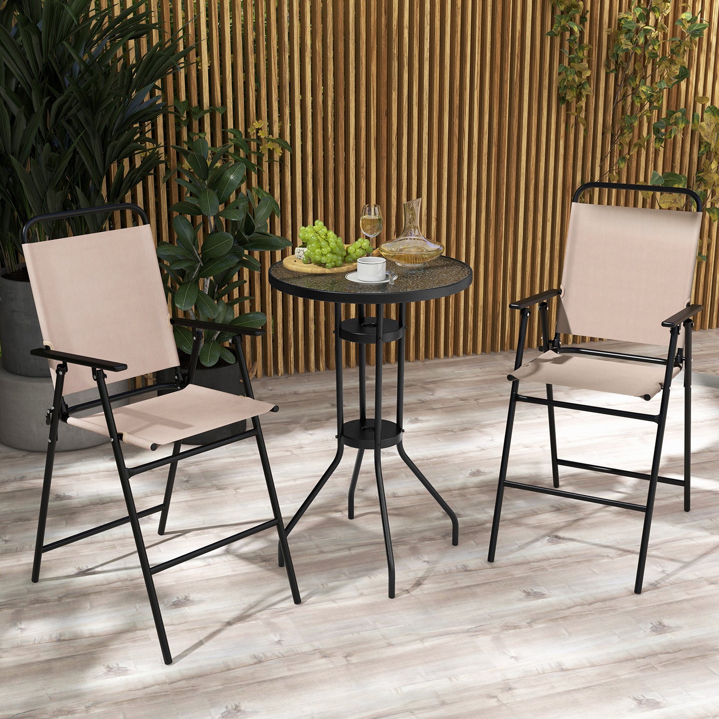 3-Piece Outdoor Bistro Set with Folding Chairs and Glass Table