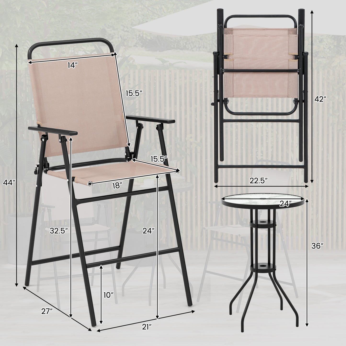 3-Piece Outdoor Bistro Set with Folding Chairs and Glass Table